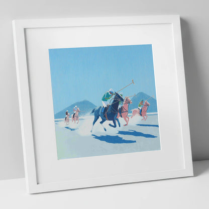 Azure Polo Pursuit polo horse art print in white frame