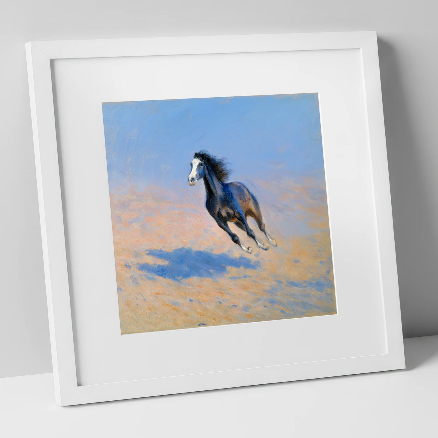 Sunlit Gallop horse breed art print in white frame