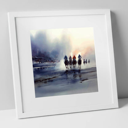 Out of the Mist racing horse art print in white frame