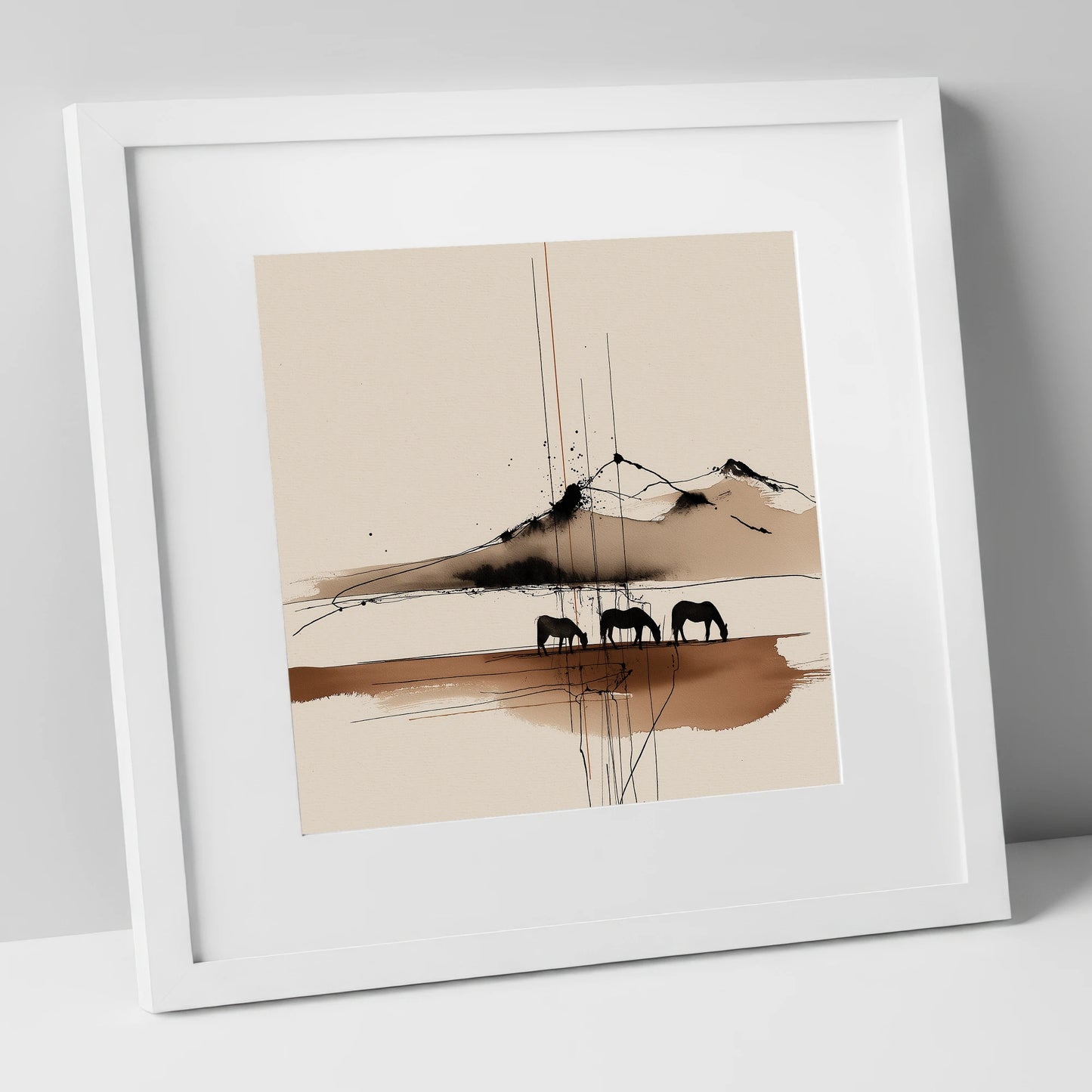 Serene Grazing Horizon horse landscape art print in white frame