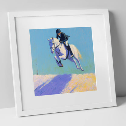 Airborne in Violet Light show jumping horse art print in white frame