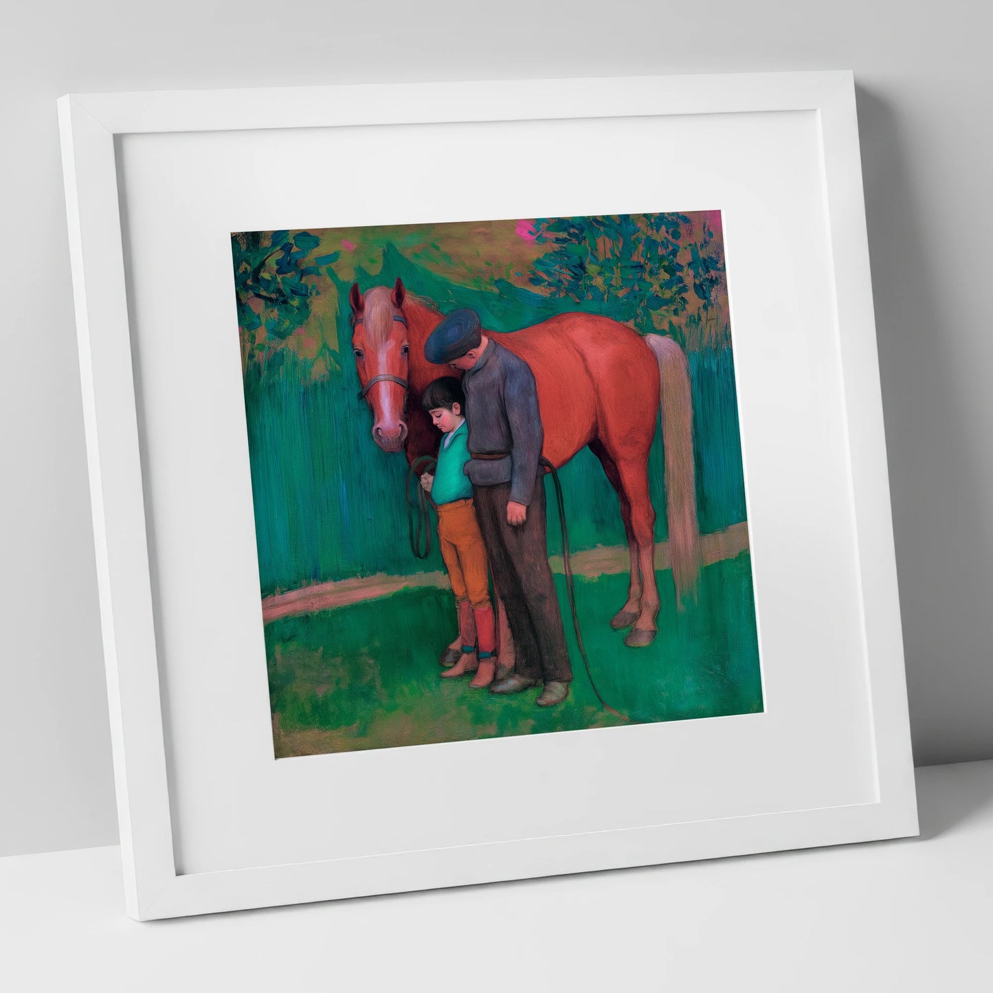 A Quiet Connection horse & rider art print in white frame