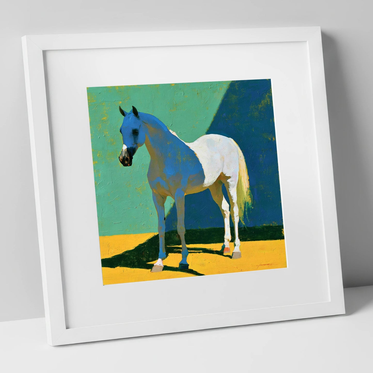 Grey Arabian with Blue Shadows horse breed art print in white frame