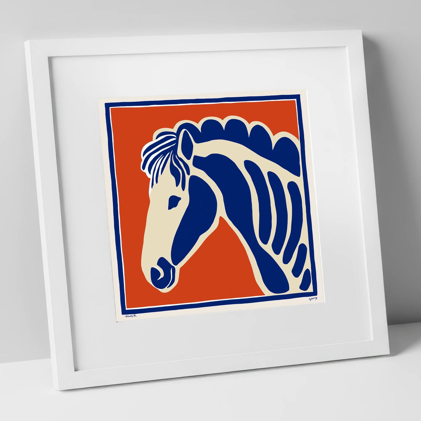 Cobalt Equine Profile horse portrait art print in white frame