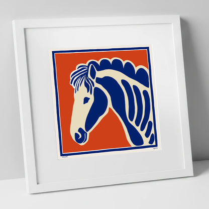 Cobalt Equine Profile horse portrait art print in white frame