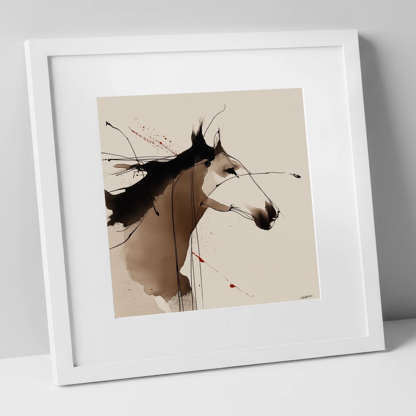 Expressive Ink Profile horse portrait art print in white frame