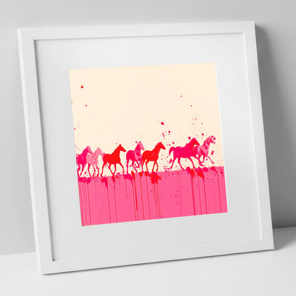 Magenta Motion wild horses art print in white frame