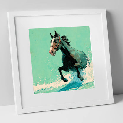 Sea Spray Gallop beach horse art print in white frame