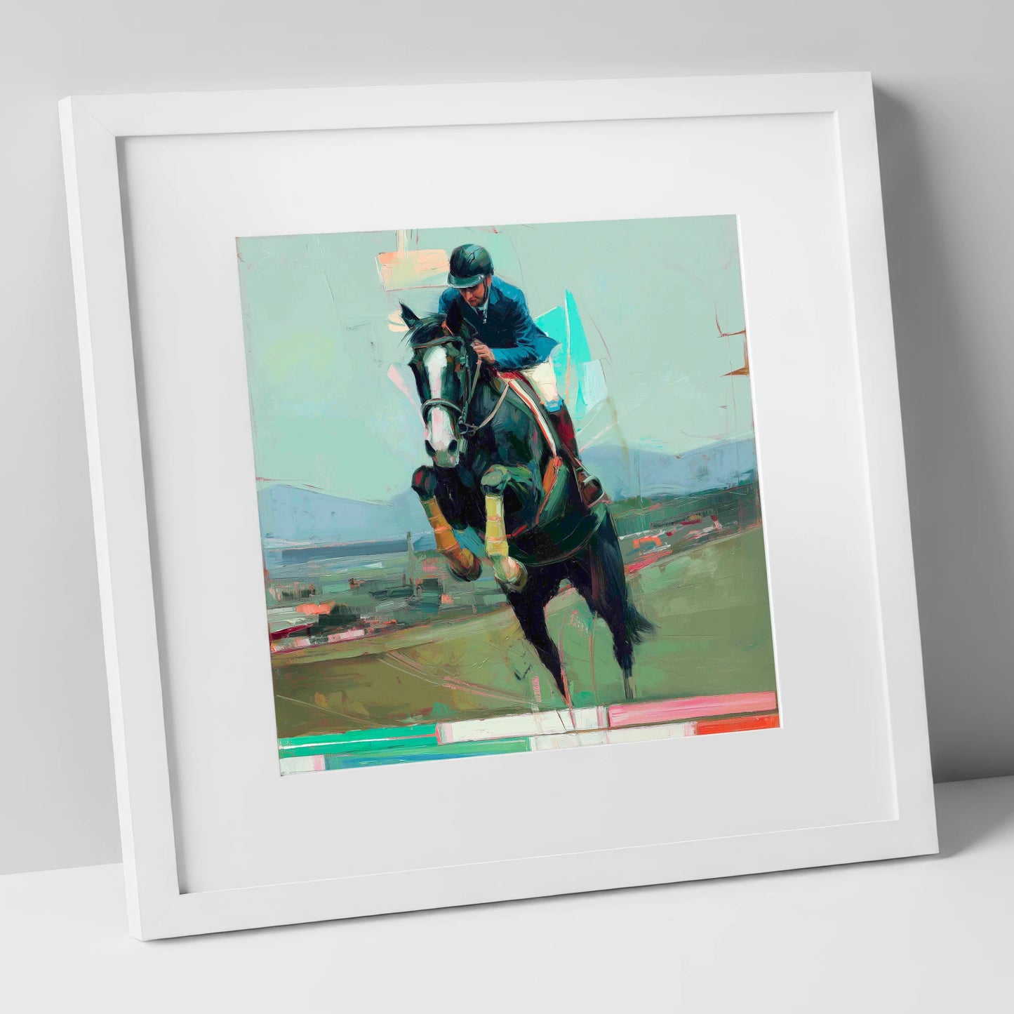 Bold Ascent show jumping horse art print in white frame