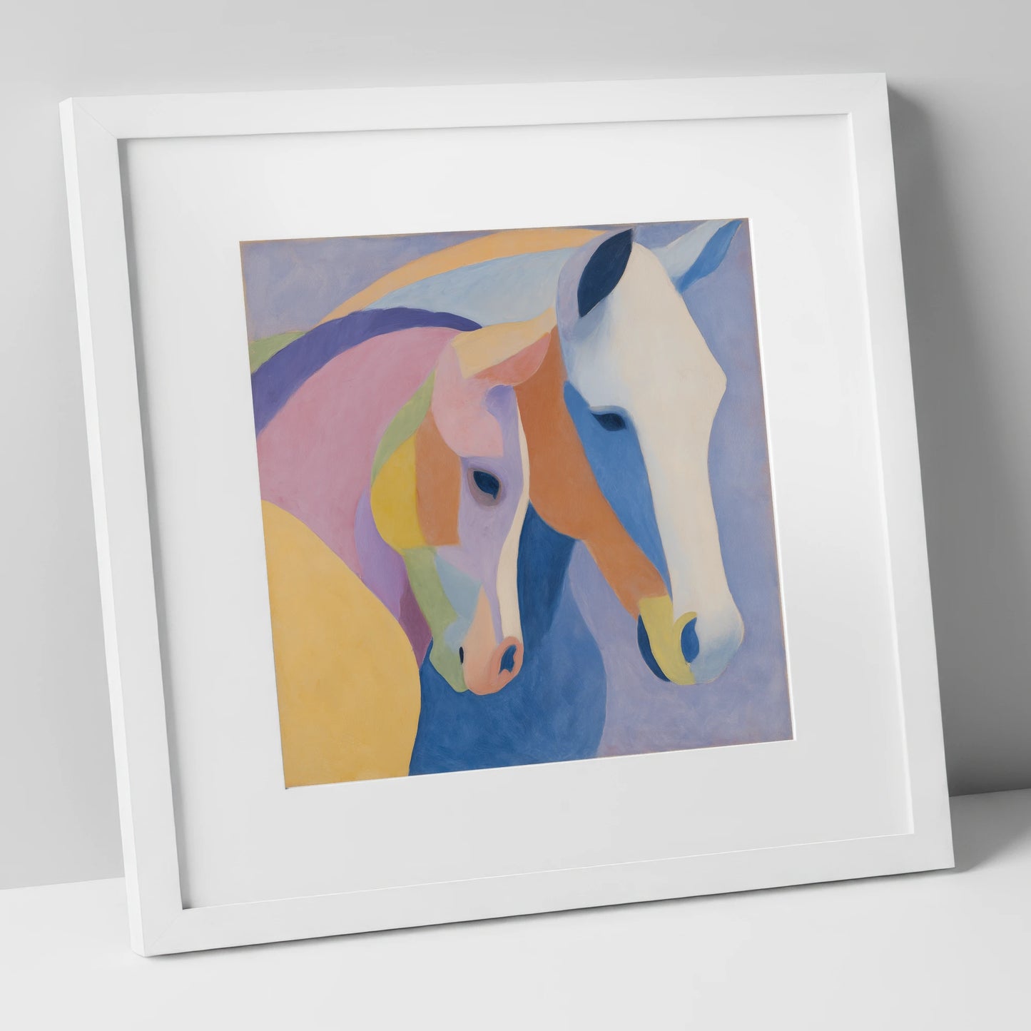 Pastel Equine Harmony mare & foal art print in white frame