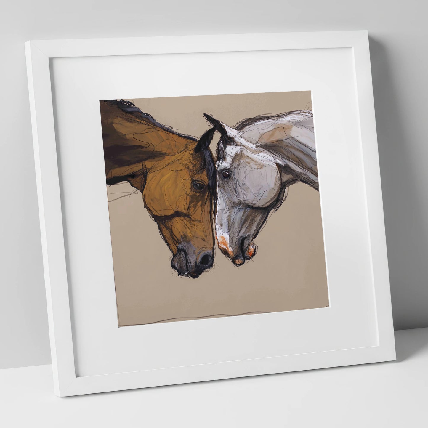 Kindred Spirits horse portrait art print in white frame
