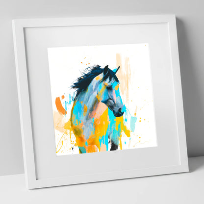 Teal and Amber Splendour horse portrait art print in white frame