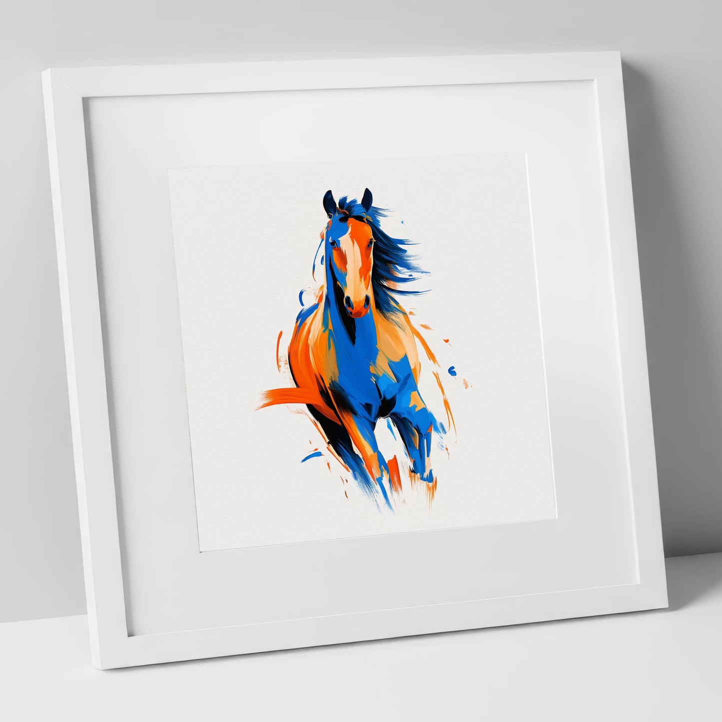 Vivid Cobalt Canter horse portrait art print in white frame