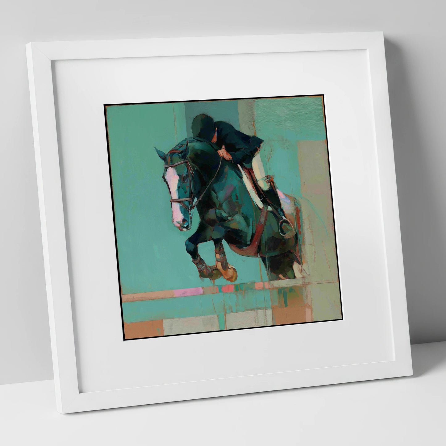 Suspended in Teal show jumping horse art print in white frame