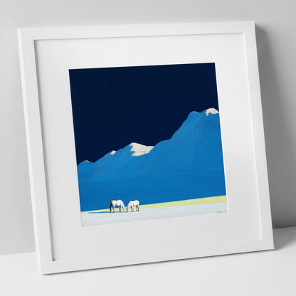 Cobalt Peaks and Greys horse landscape art print in white frame