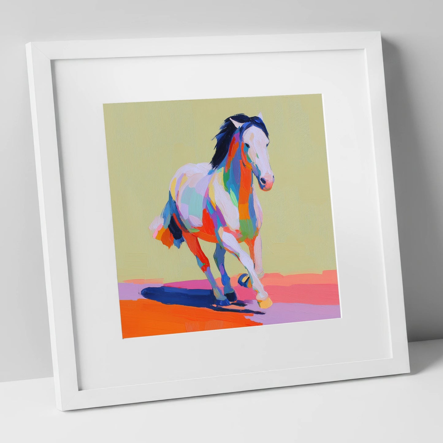 Technicolour Canter horse breed art print in white frame