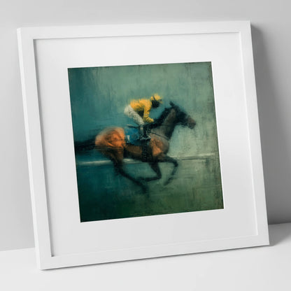 The Final Furlong racing horse art print in white frame