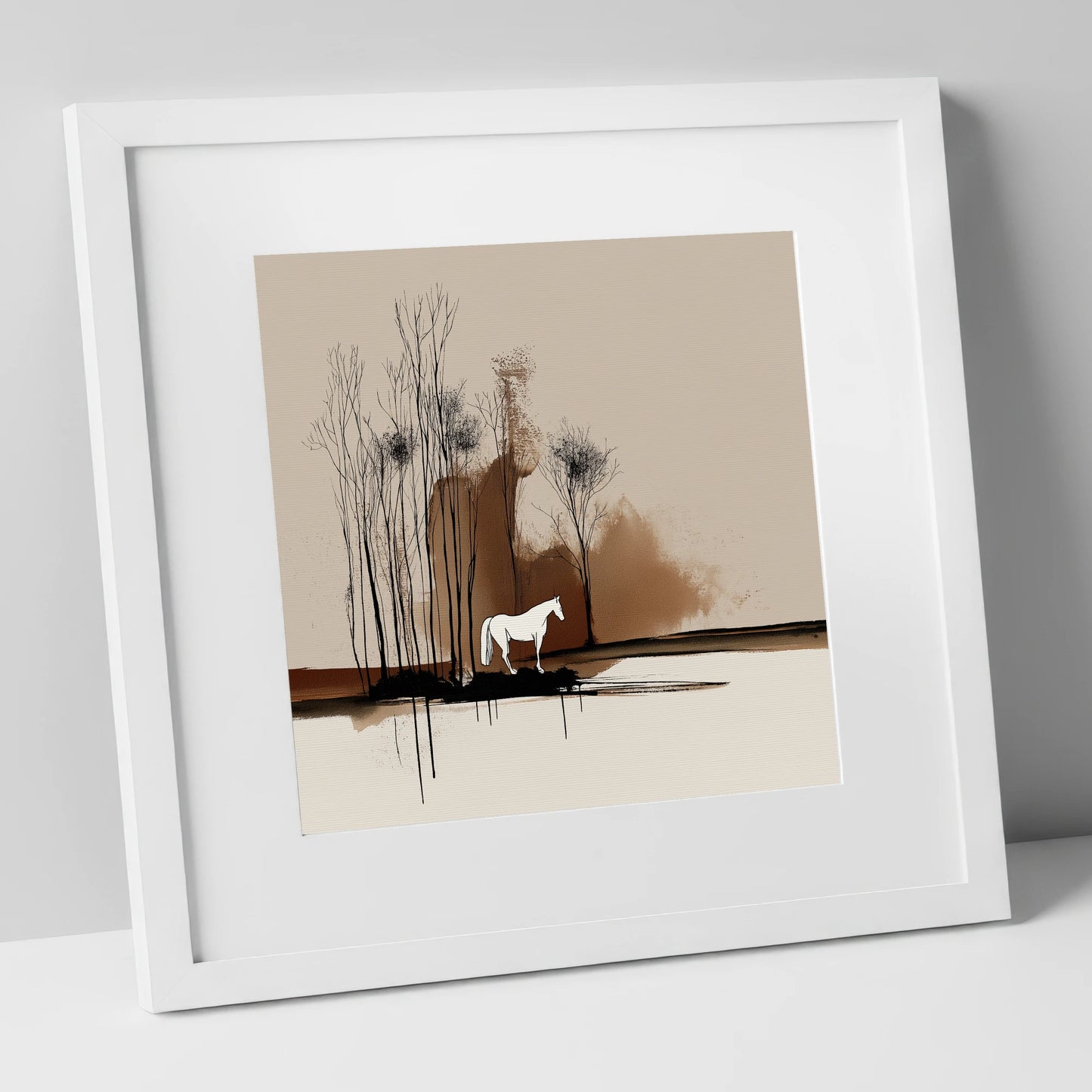Sepia Woodland Solitude horse landscape art print in white frame