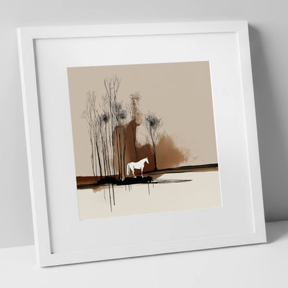 Sepia Woodland Solitude horse landscape art print in white frame