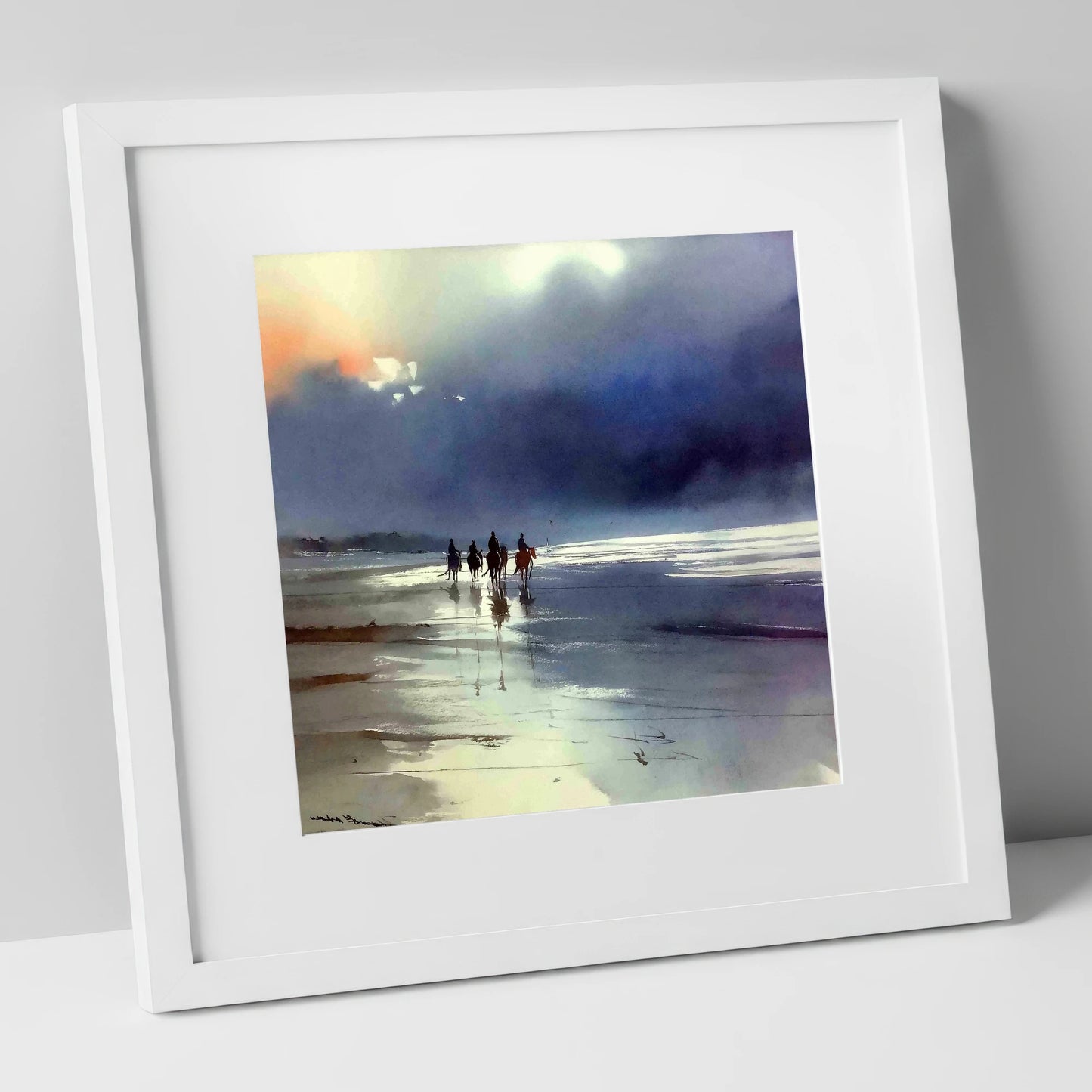 Storm Light Beach Hack horse landscape art print in white frame