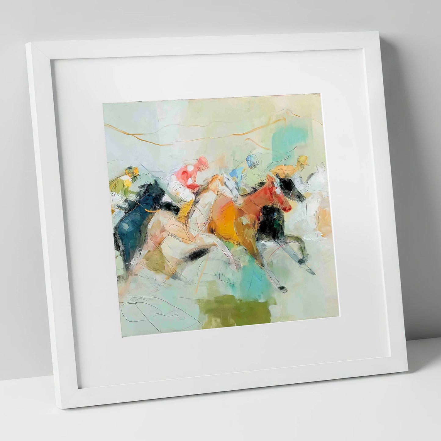 Rush to the Line racing horse art print in white frame