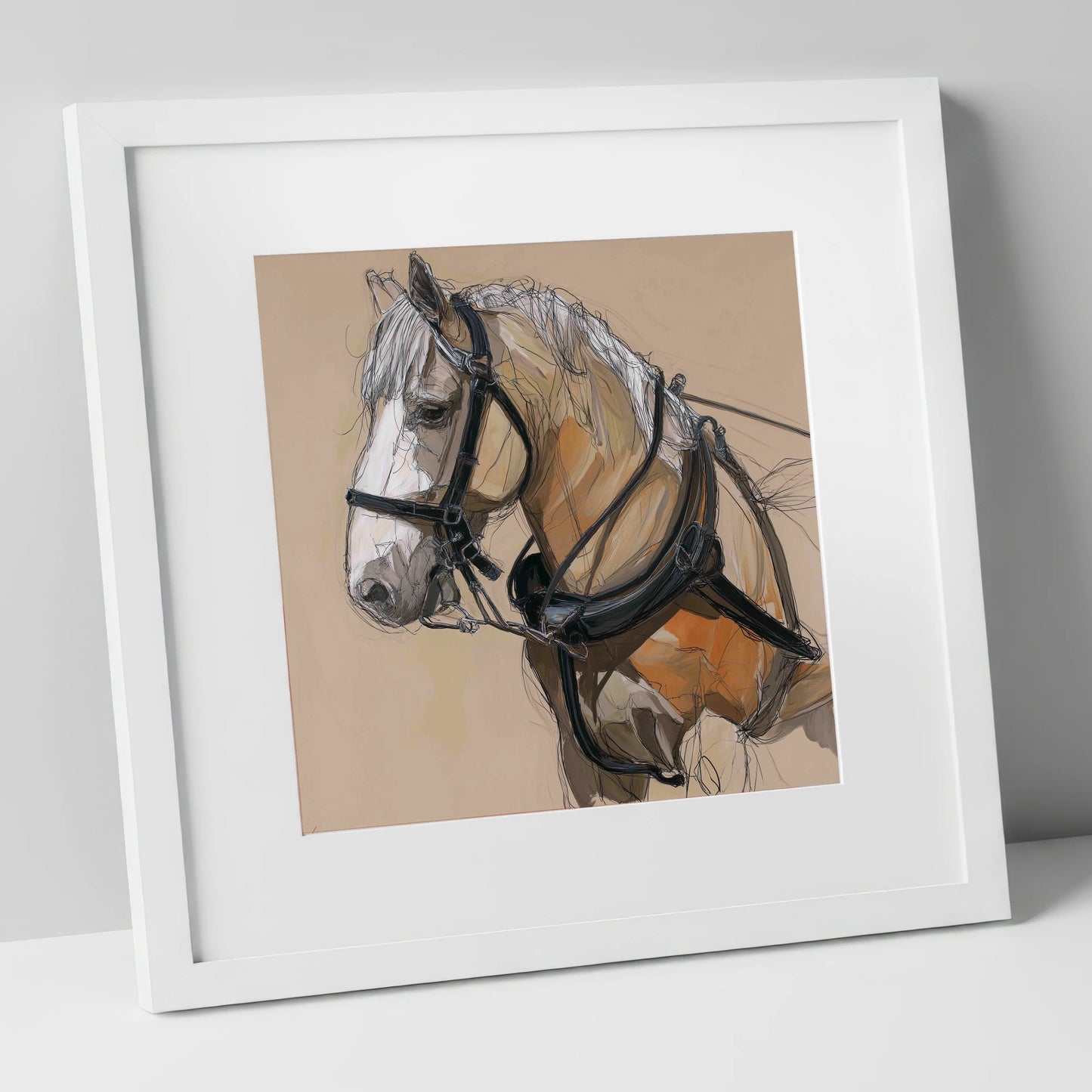 Noble Draught in Harness working horse art print in white frame