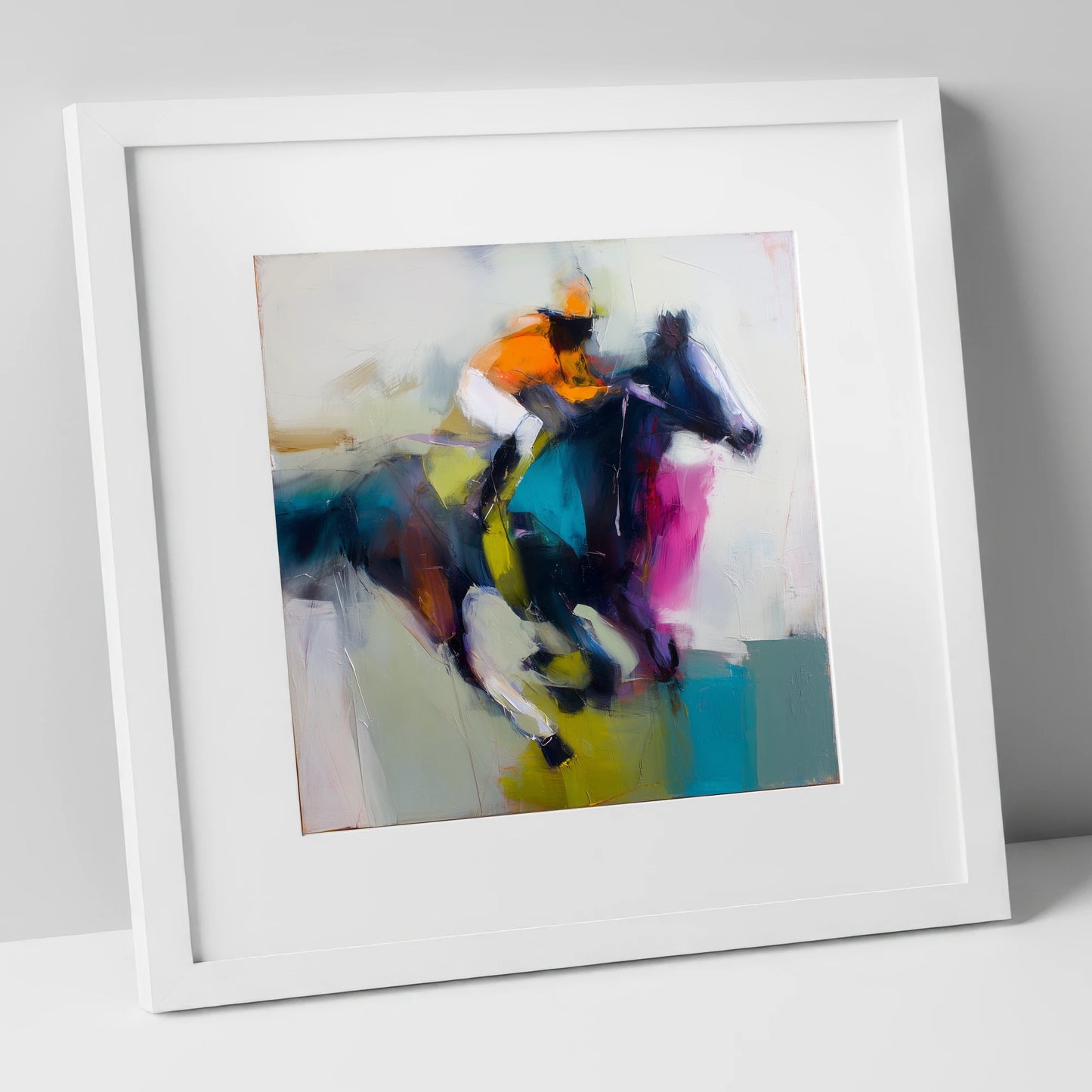 Burst of Speed racing horse art print in white frame