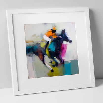 Burst of Speed racing horse art print in white frame