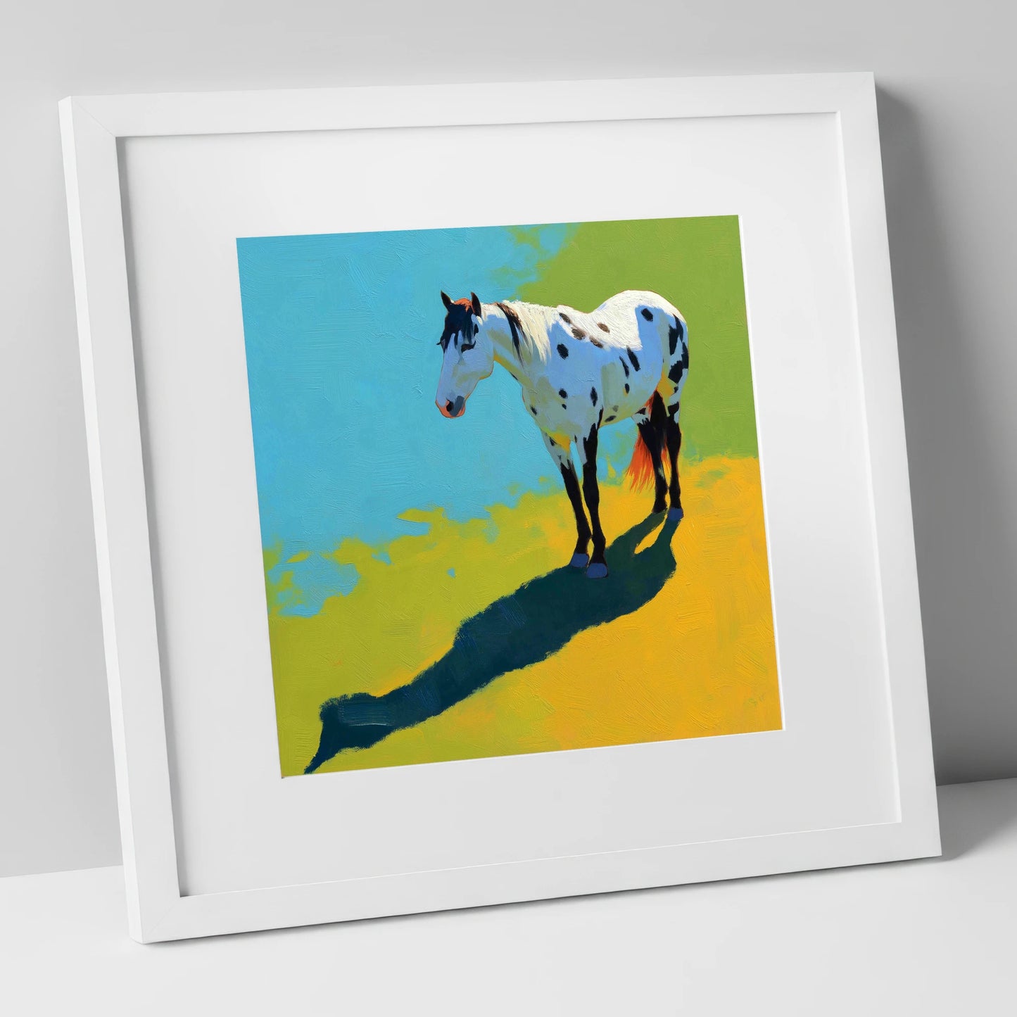 Sunlit Appaloosa Shadow horse breed art print in white frame