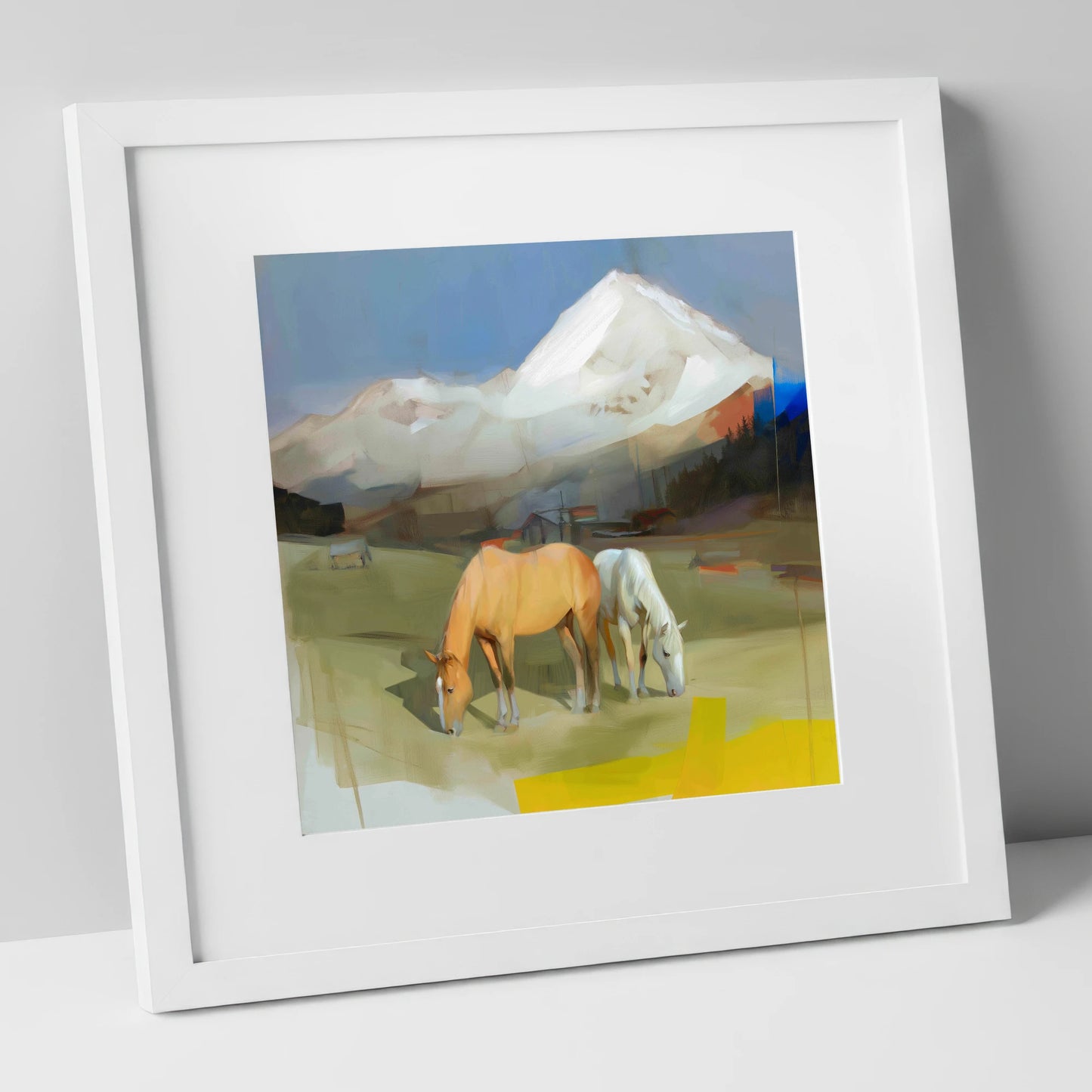 Grazing Beneath the Peaks horse landscape art print in white frame