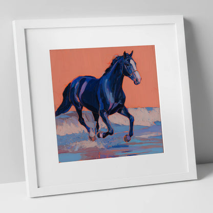 Vibrant Indigo Surf beach horse art print in white frame