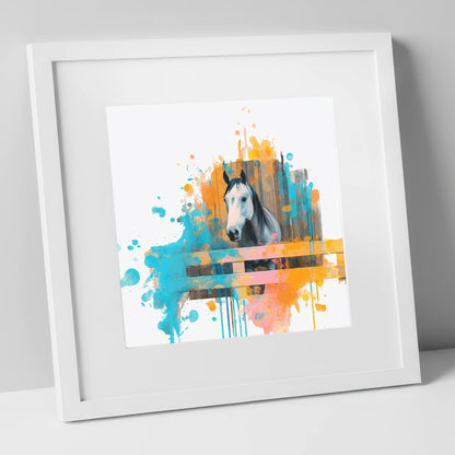 The Inquisitive Grey horse stable art print in white frame