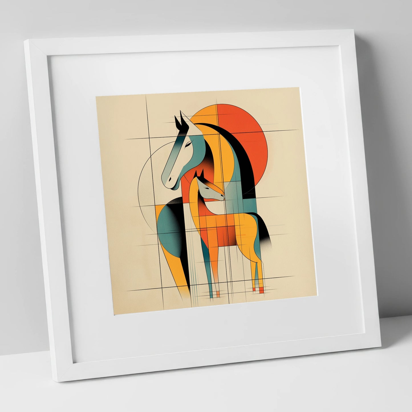 Geometric Equine Bond mare & foal art print in white frame