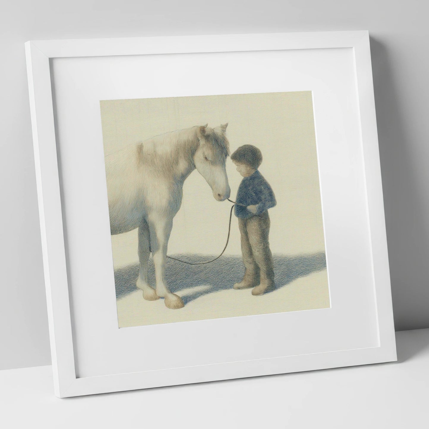 A Quiet Understanding horse & rider art print in white frame