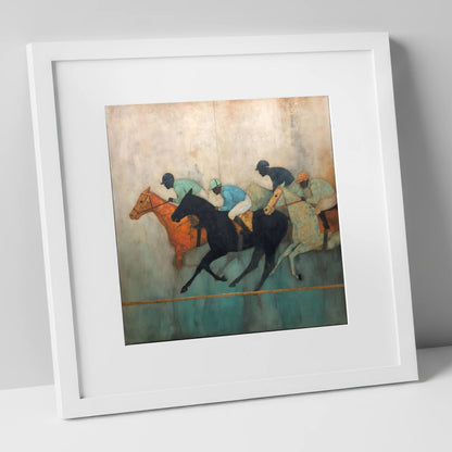 The Golden Furlong racing horse art print in white frame