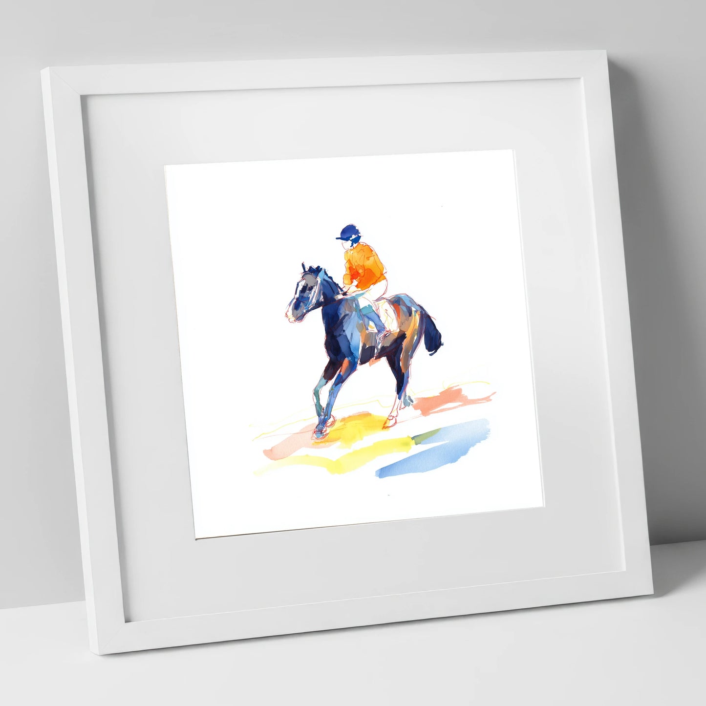 Vivid Racing Colours racing horse art print in white frame