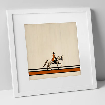 Precision in Burnt Orange dressage horse art print in white frame