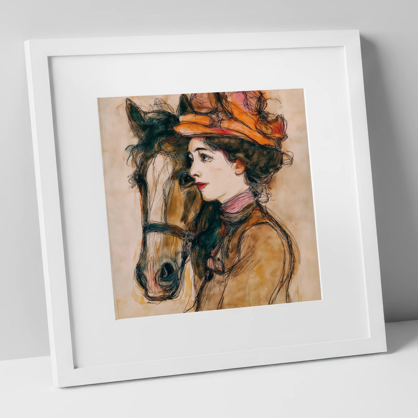 A Shared Silence horse & rider art print in white frame