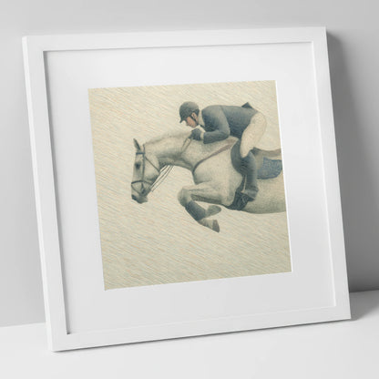 Structured Flight show jumping horse art print in white frame