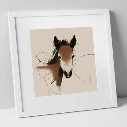 Curious Sepia Foal horse portrait art print in white frame