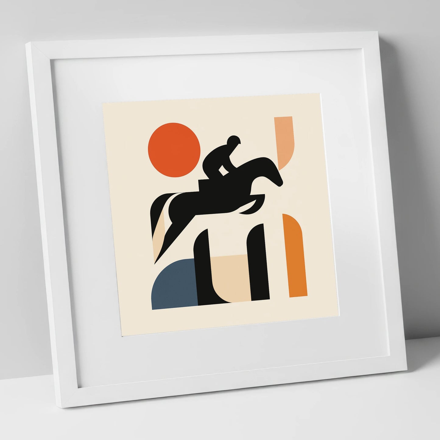 Geometric Showjumping Silhouette show jumping horse art print in white frame