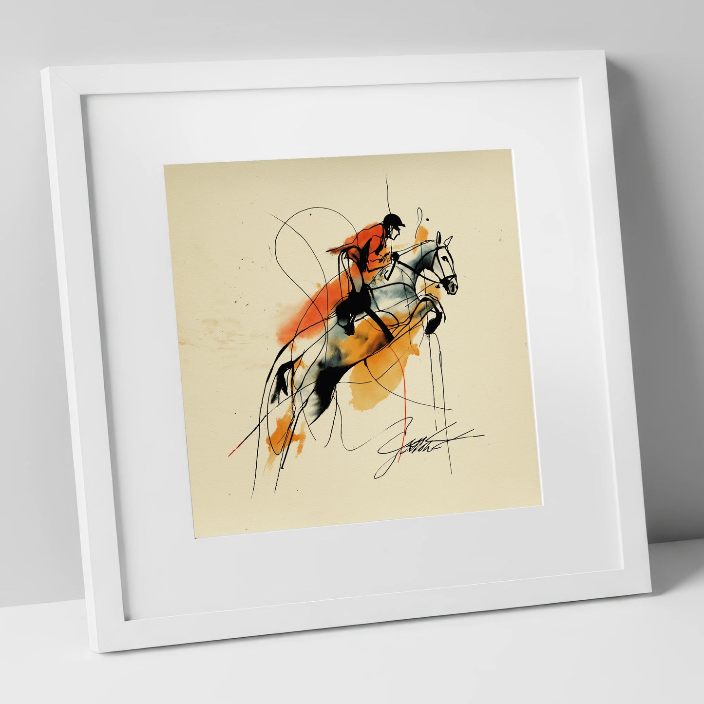 Suspended in Amber show jumping horse art print in white frame