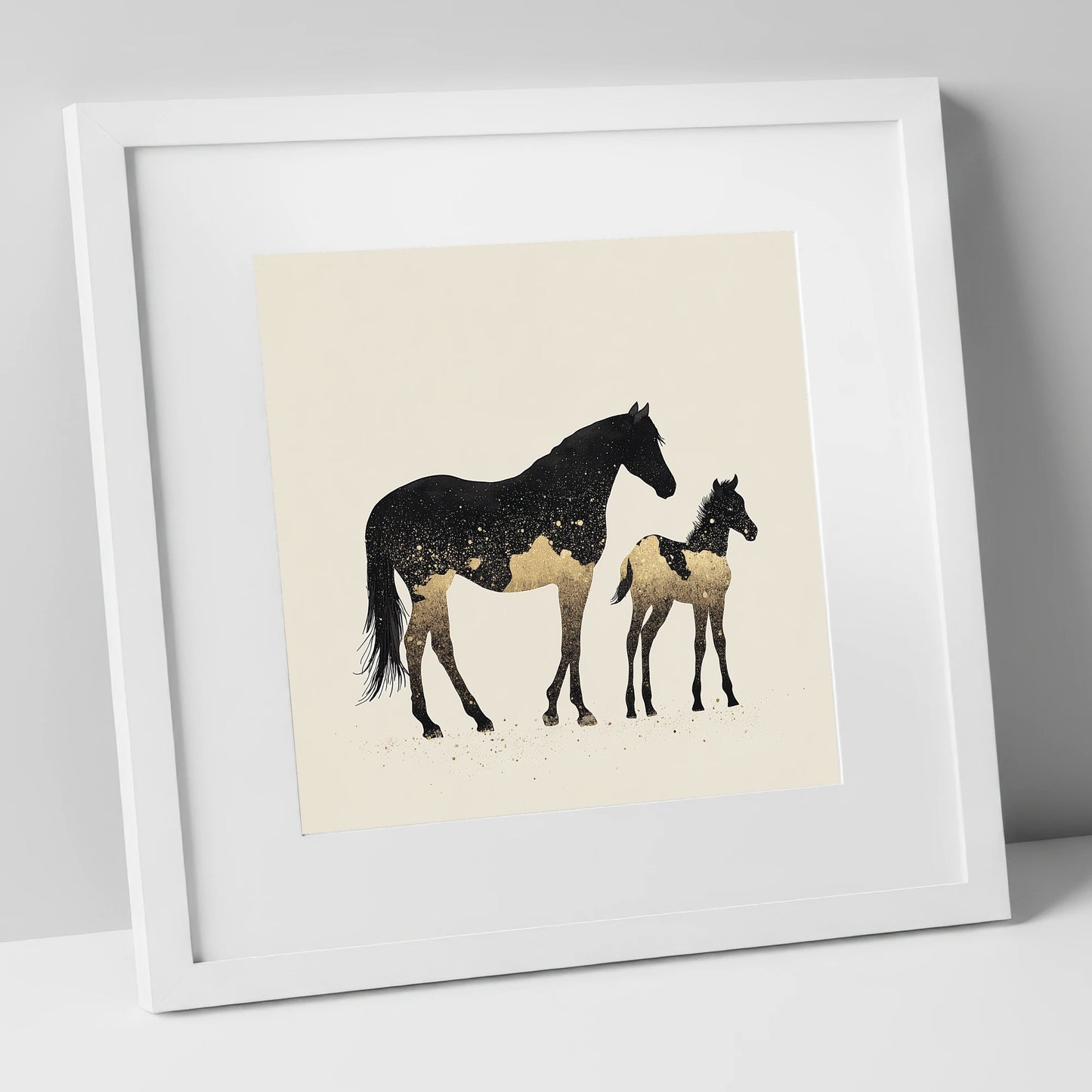 Gilded Midnight Bond mare & foal art print in white frame
