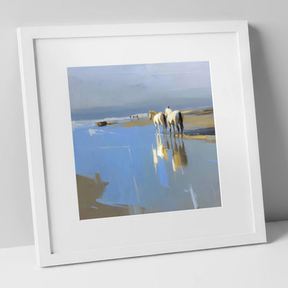 Sunlit Coastal Reflections horse landscape art print in white frame