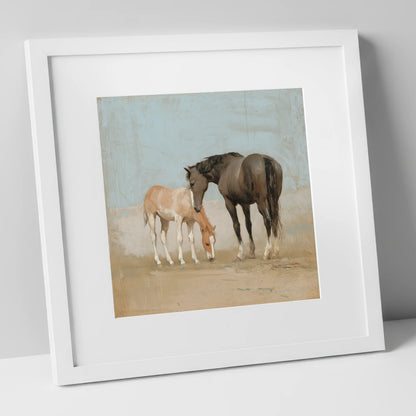 The Quiet Bond mare & foal art print in white frame