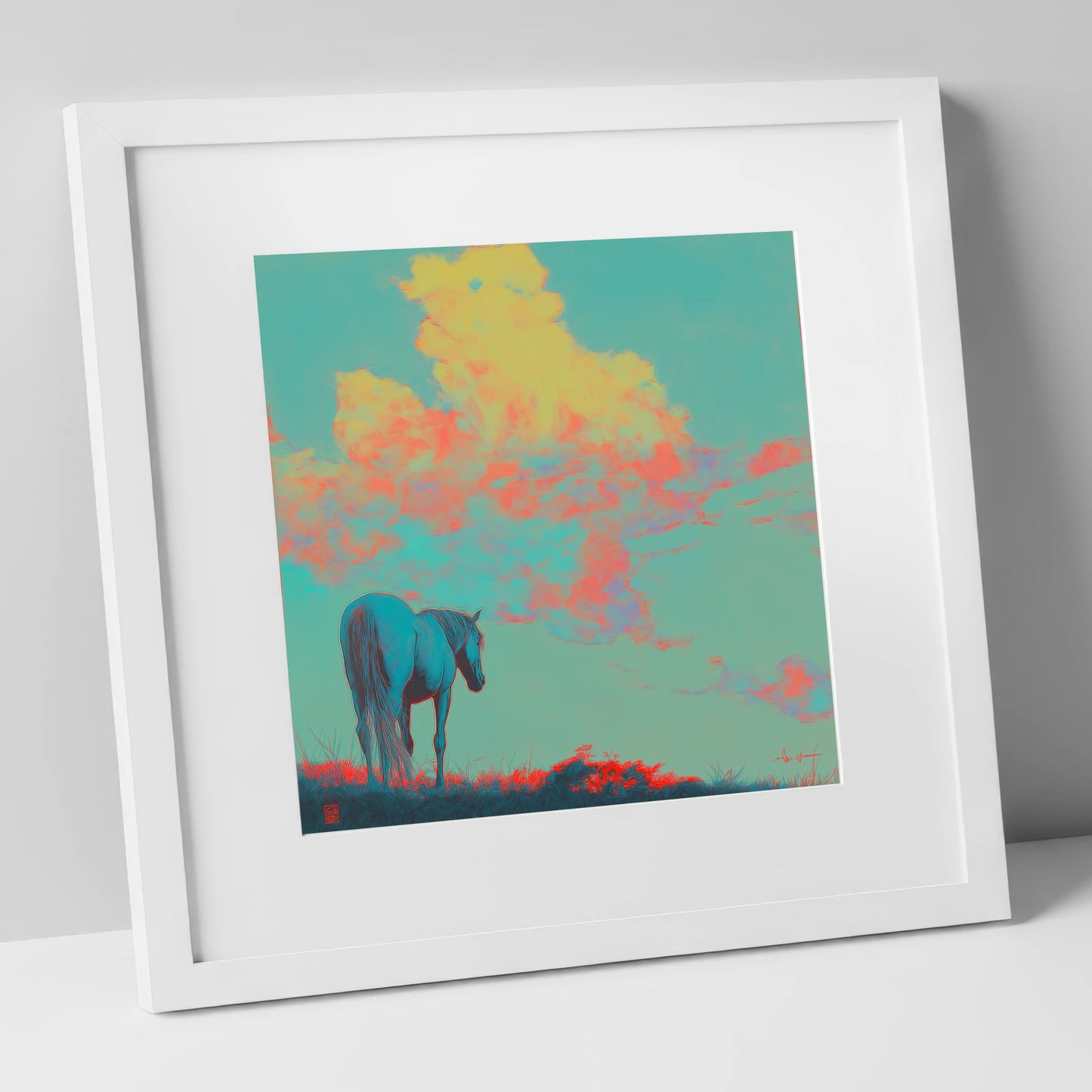 Cyan Horizon horse landscape art print in white frame