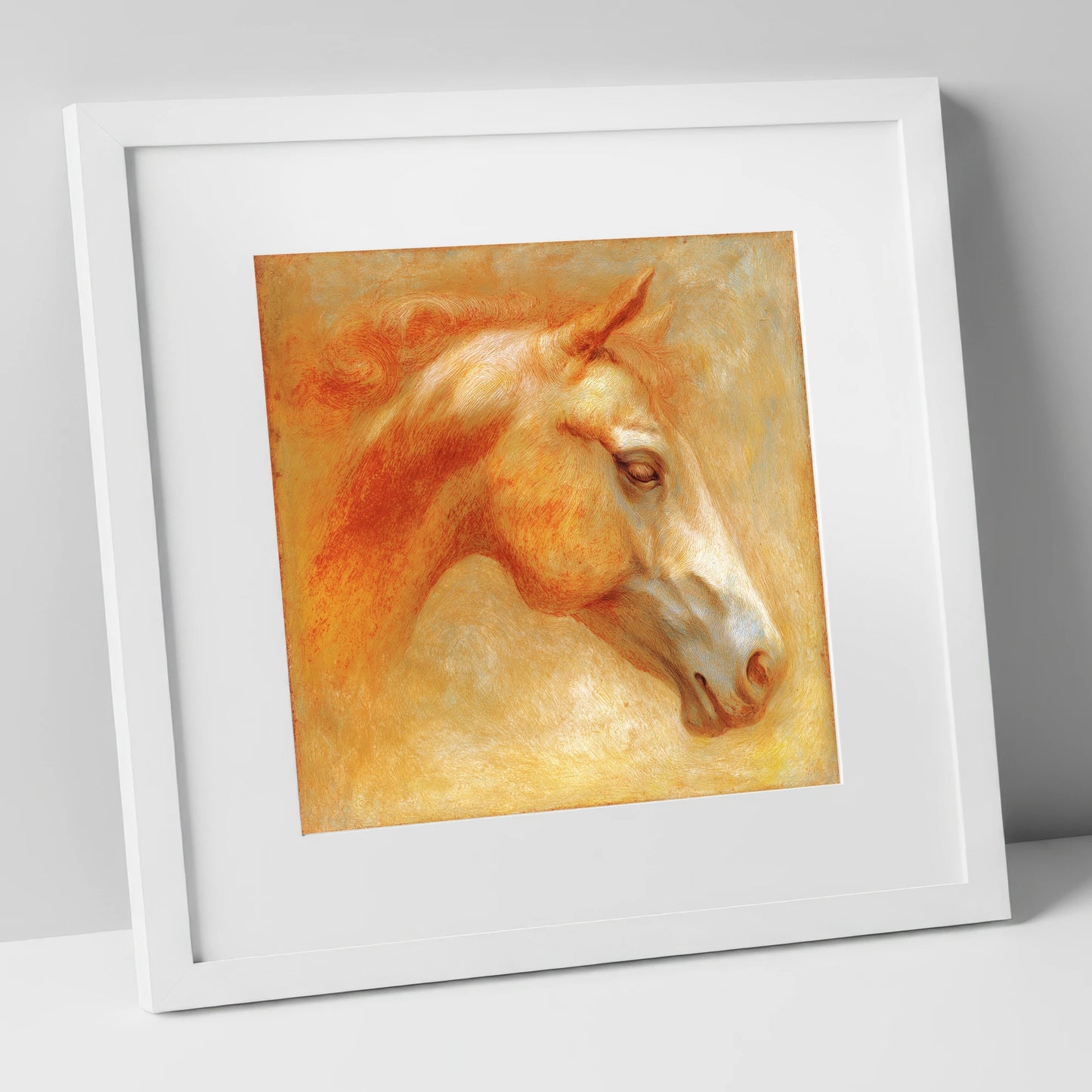 Ethereal Golden Profile racing horse art print in white frame