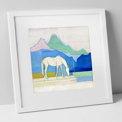 Abstract Azure Meadow horse landscape art print in white frame