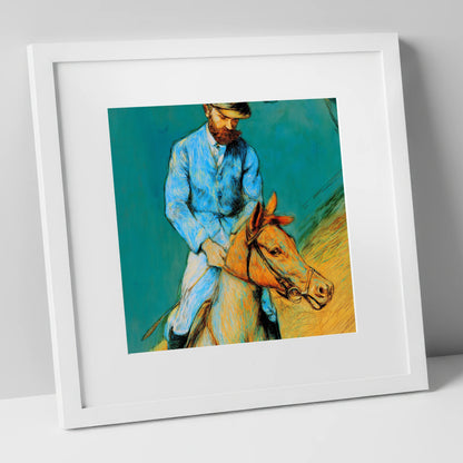 The Cerulean Rider racing horse art print in white frame