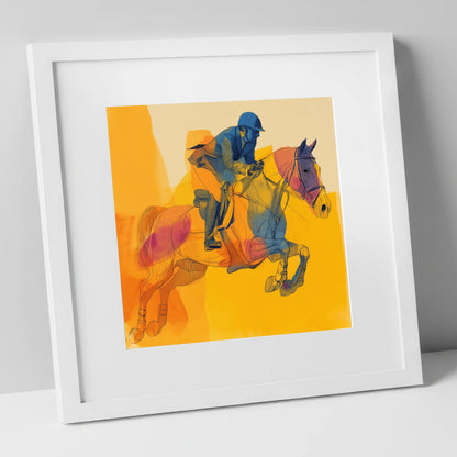 Flight in Colour show jumping horse art print in white frame
